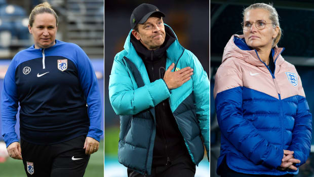 A split image of OL Reign coach Laura Harvey, Australia's head coach Tony Gustavsson and England's manager Sarina Wiegman.